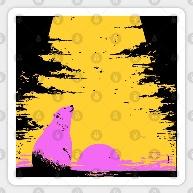 Arctic Sunset Landscape Japanese Art | Retro Polar Bear Silhouette Ukiyo-e Style Magnet by TuncGK